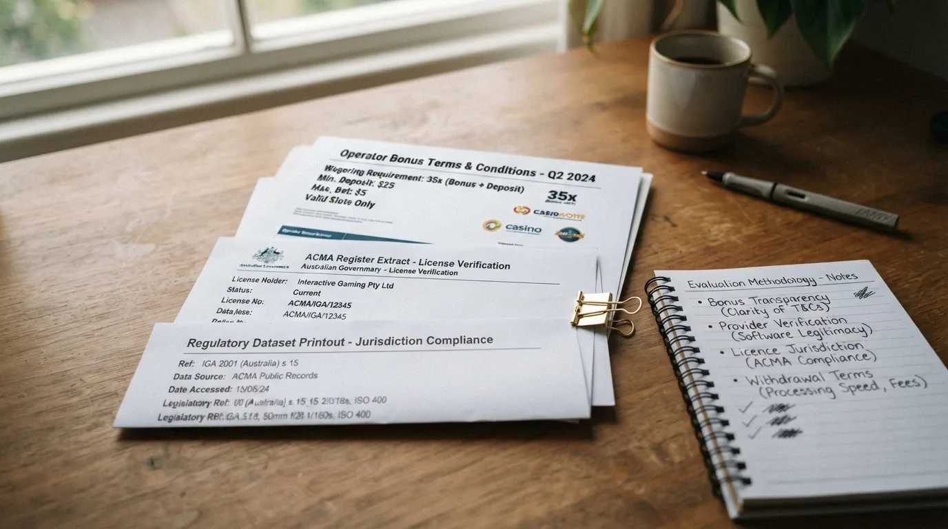 Stack of source references — operator terms pages, ACMA register extract, AU regulation dataset — with evaluation criteria listed beside them