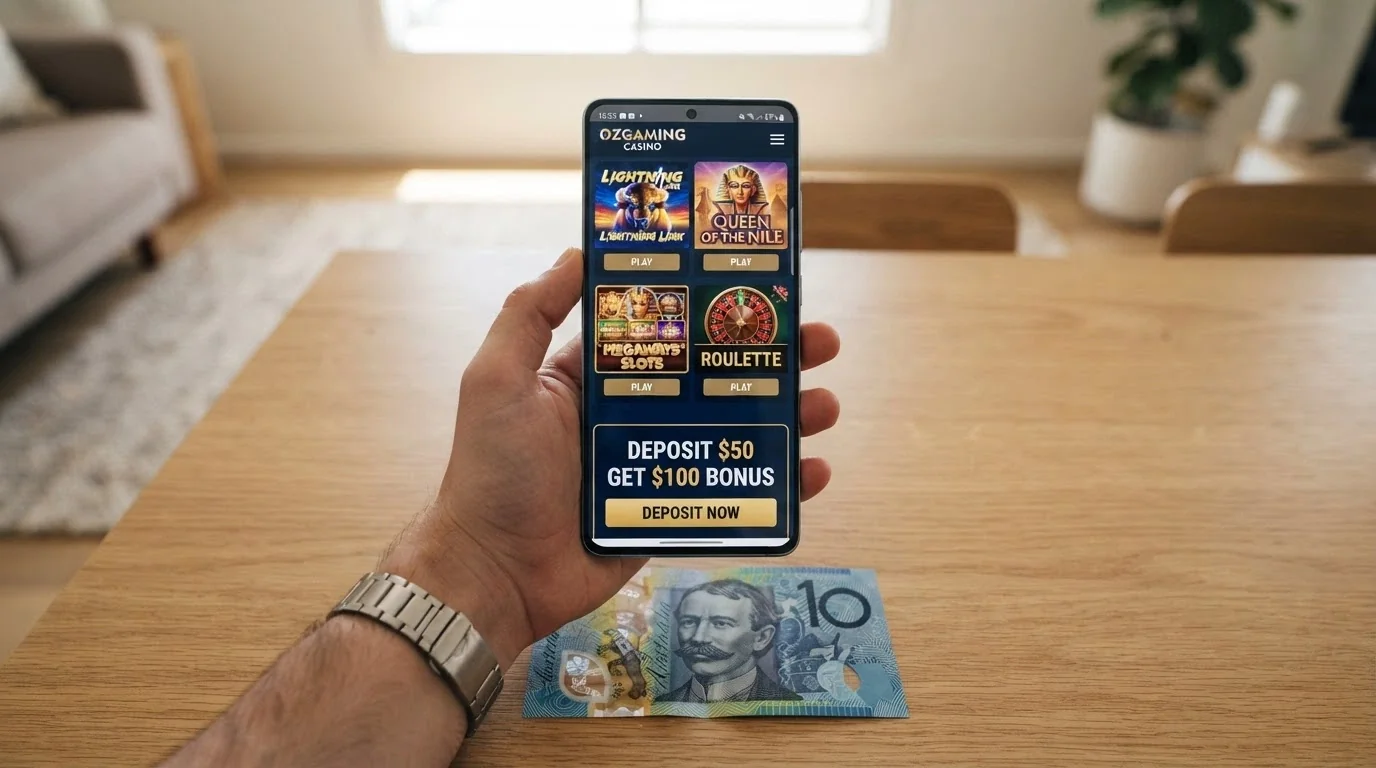 A smartphone held in one hand displaying a casino lobby with a deposit prompt, an A$10 note visible on the table beneath