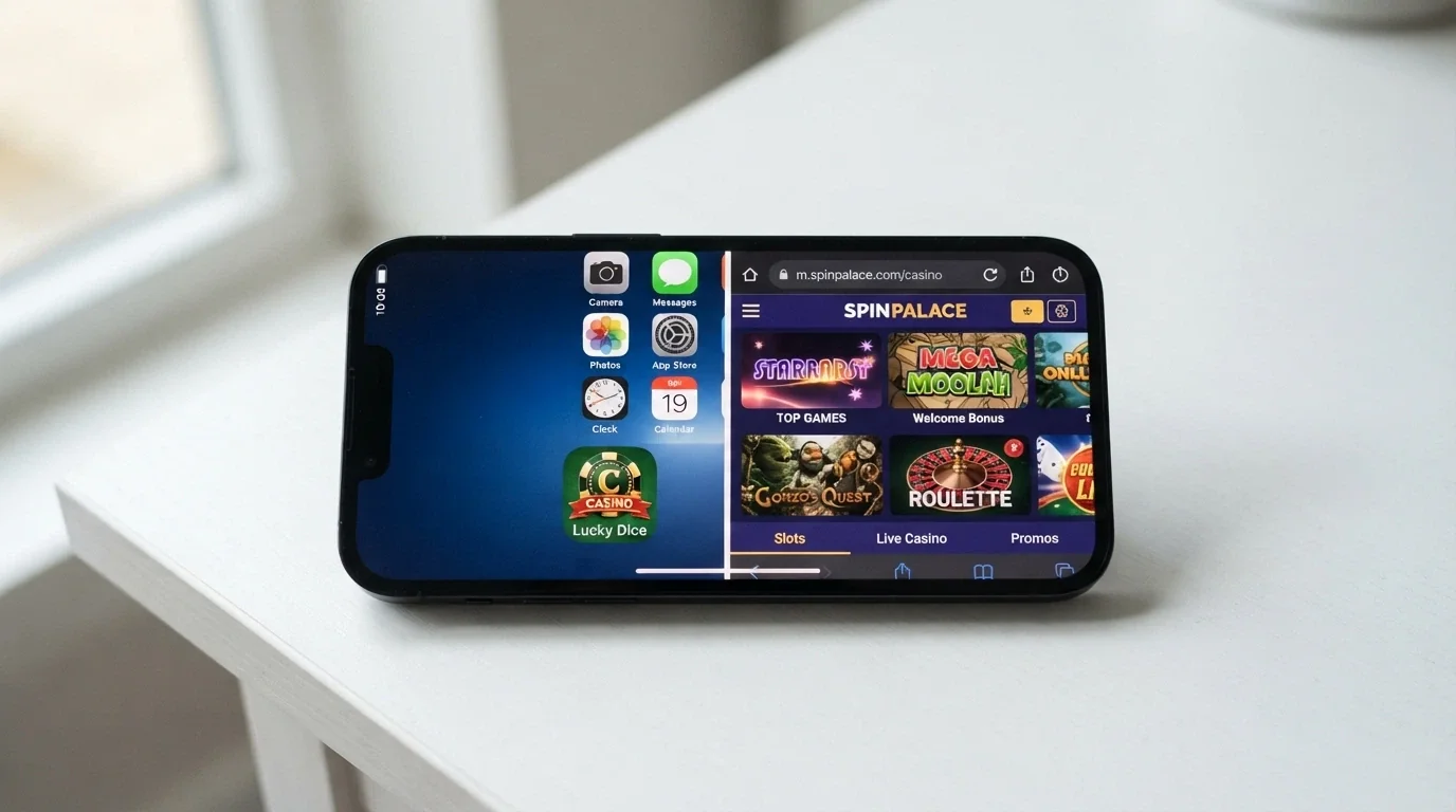 A split-screen comparison: one side showing a casino PWA home-screen icon on a phone, the other showing the same casino in a mobile browser with the URL bar visible