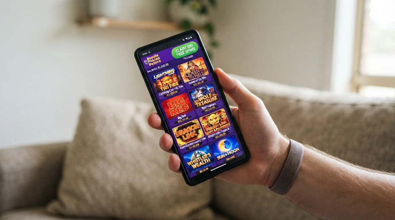 A smartphone held in a hand showing a responsive casino lobby with a pokie game loaded and a “Claim 200 Free Spins” button visible in the corner