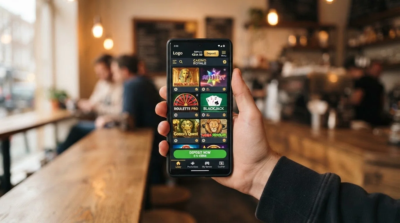 A hand holding a smartphone with a casino pokie loaded in a mobile browser the address bar visible and a deposit screen showing PayID as the selected method