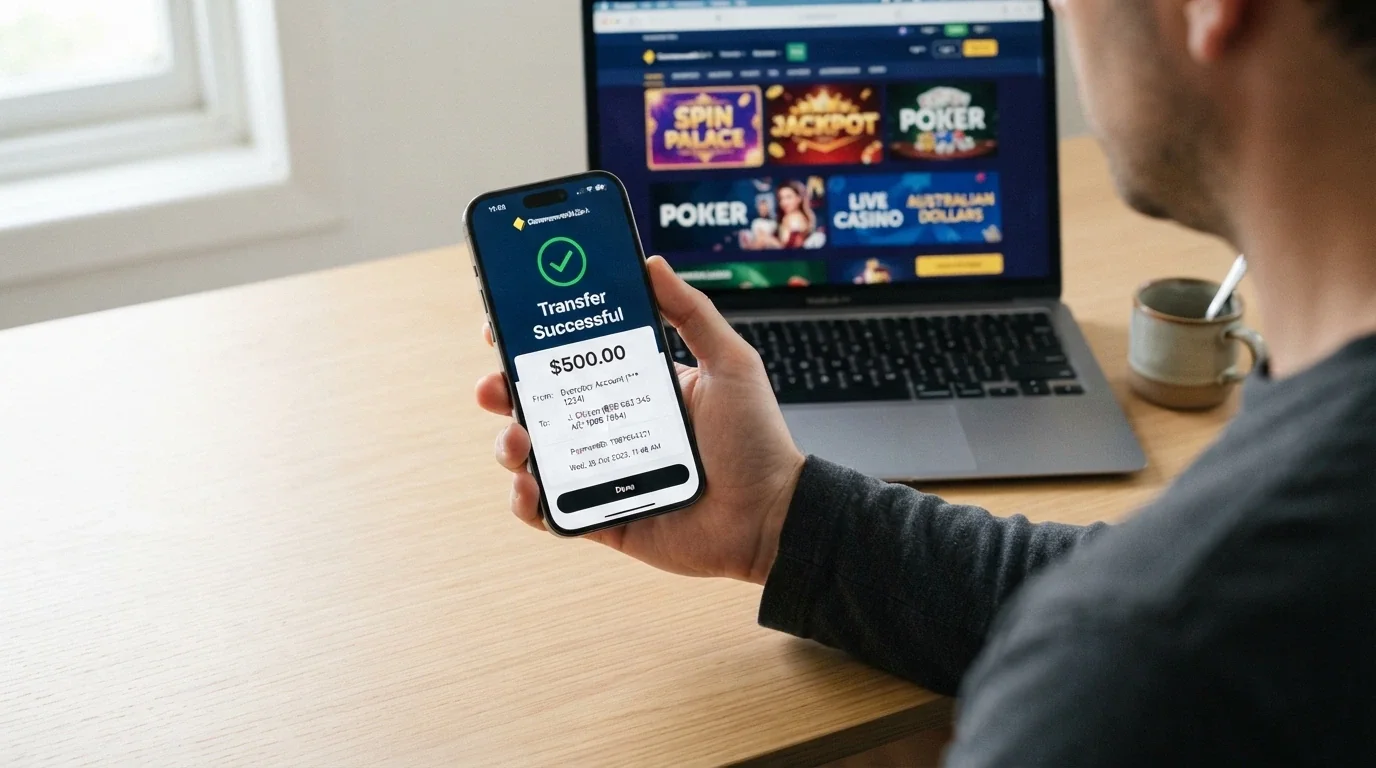 Australian player depositing at an online casino through a mobile banking app held in one hand, with the casino site visible in the background