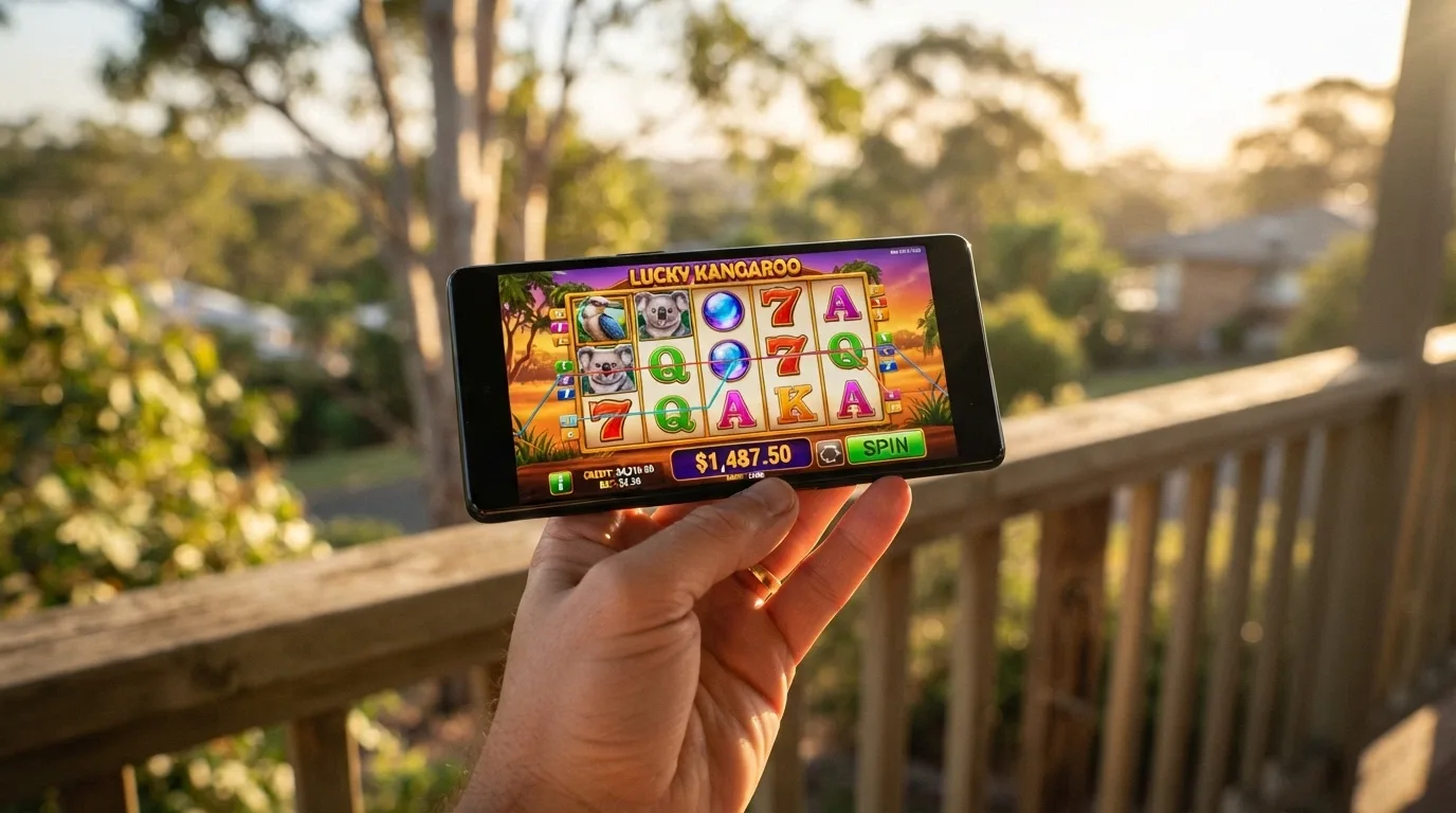 A hand holding a smartphone in landscape mode with a pokies game on screen, Australian setting visible