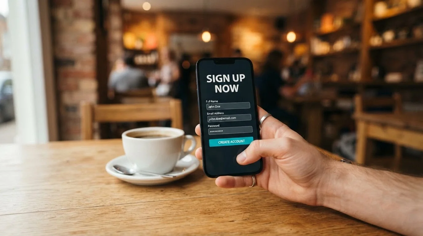 A hand holding a smartphone with a casino sign-up form on screen, a coffee cup beside it