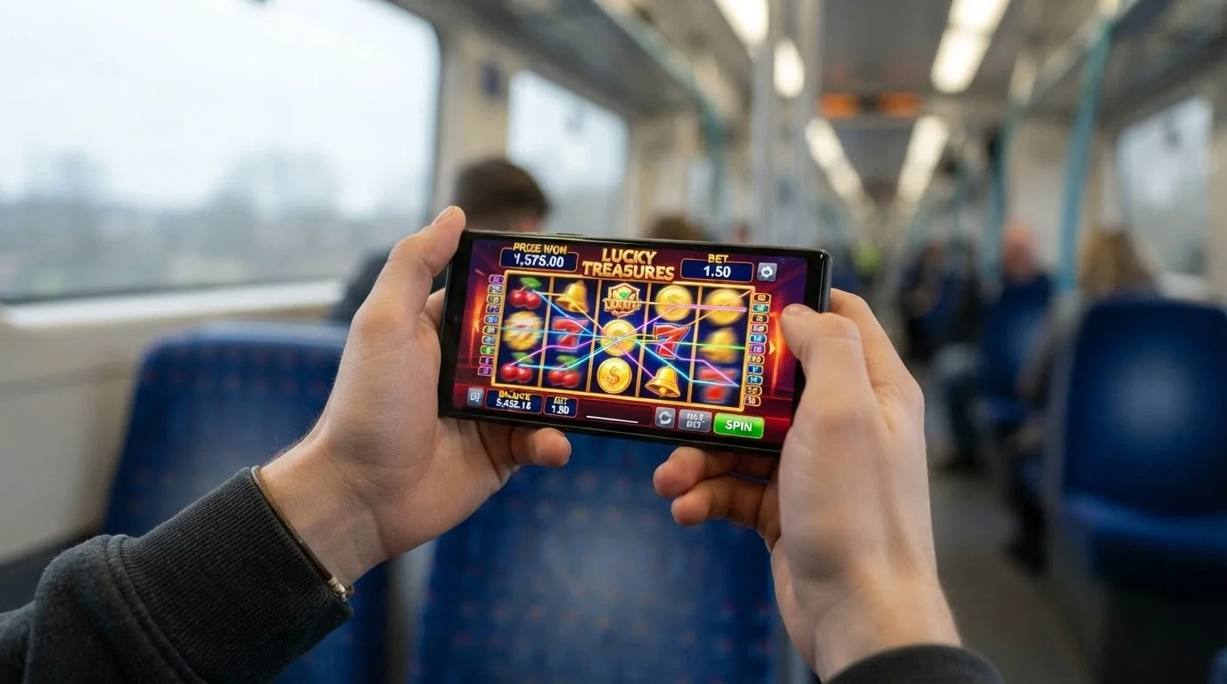 Two hands holding a smartphone in landscape orientation with a colourful five-reel pokie game in progress, train seat visible in the background