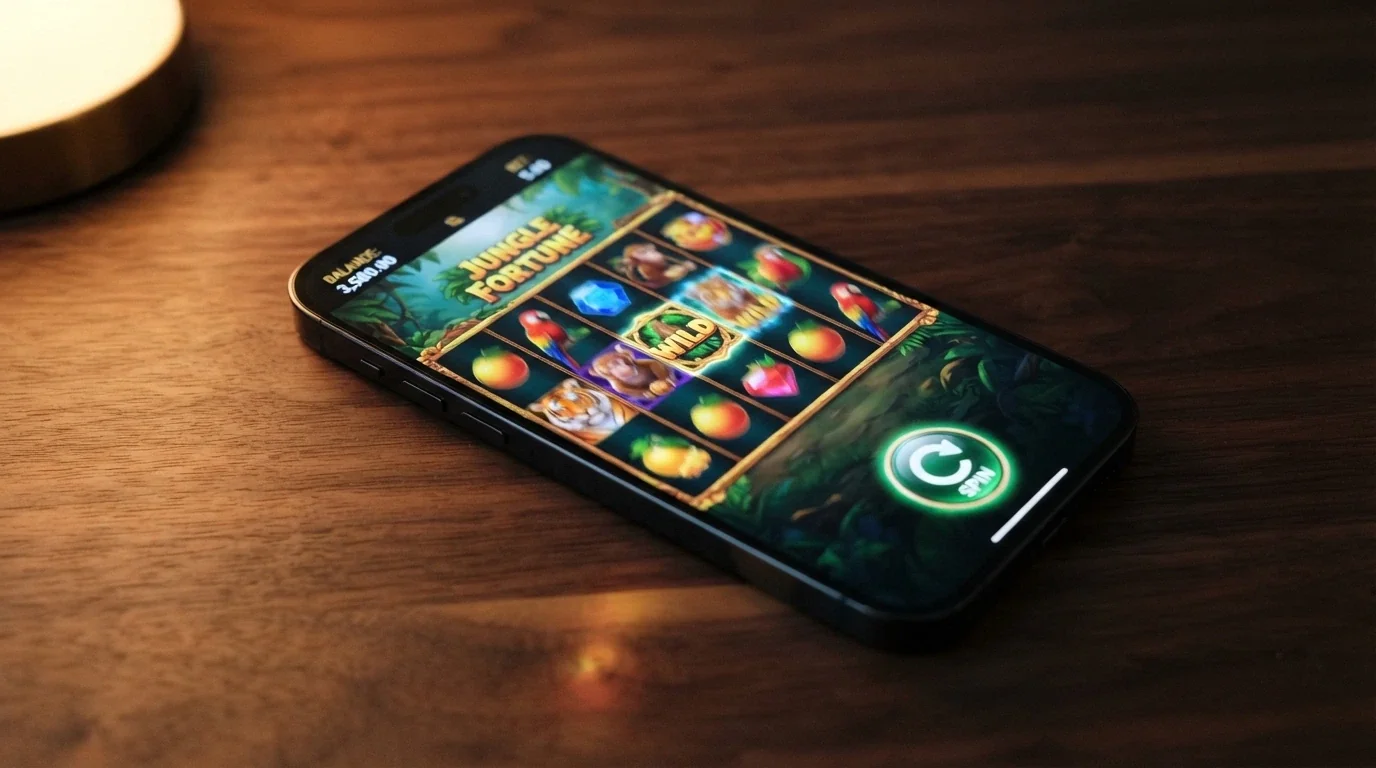 A smartphone in landscape mode displaying a video pokies game with the spin button positioned for thumb reach, game title and bet amount visible