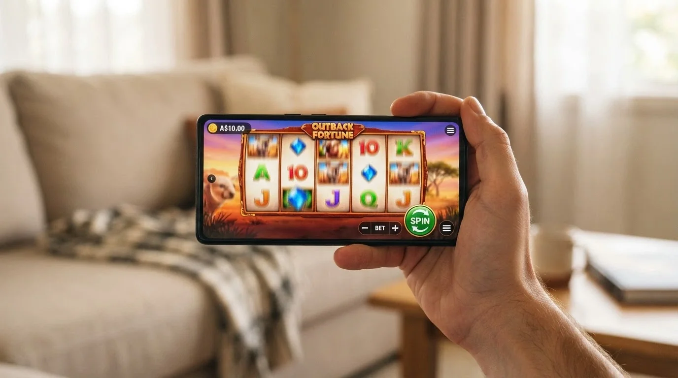 A smartphone held in landscape orientation displaying a pokies game with the spin button, balance of A$10 and touch-optimised controls visible