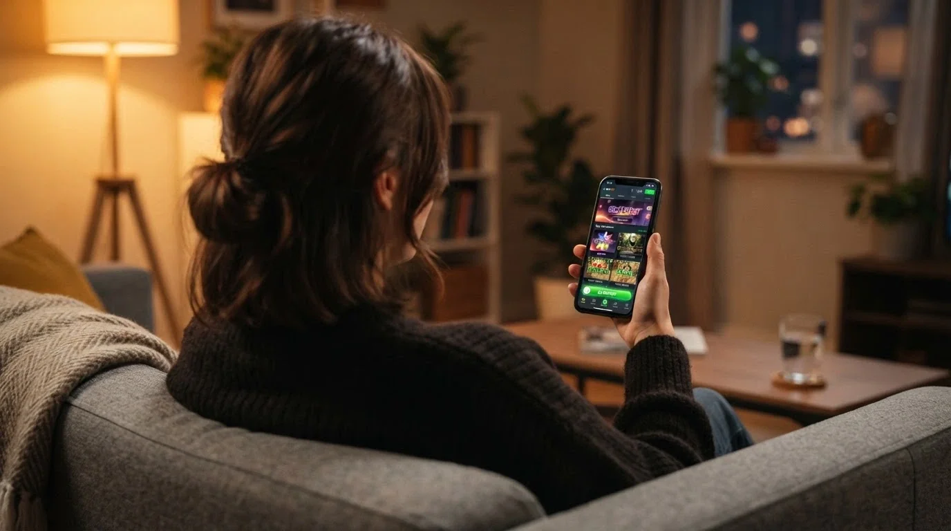 A smartphone held in one hand displaying a mobile casino lobby with a $2 deposit button visible on screen