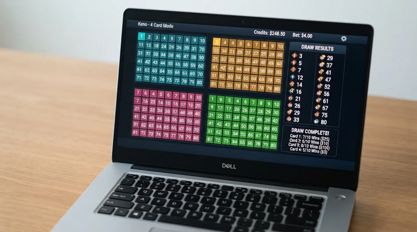 An online keno screen showing four separate number cards arranged in a grid, each with its own set of picked numbers, all resolved against a single draw panel