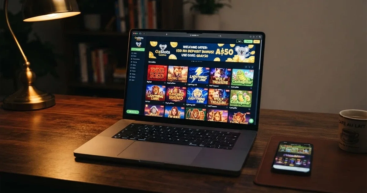 A laptop or mobile phone screen showing an online casino lobby with a no-deposit bonus notification and Australian dollar amounts