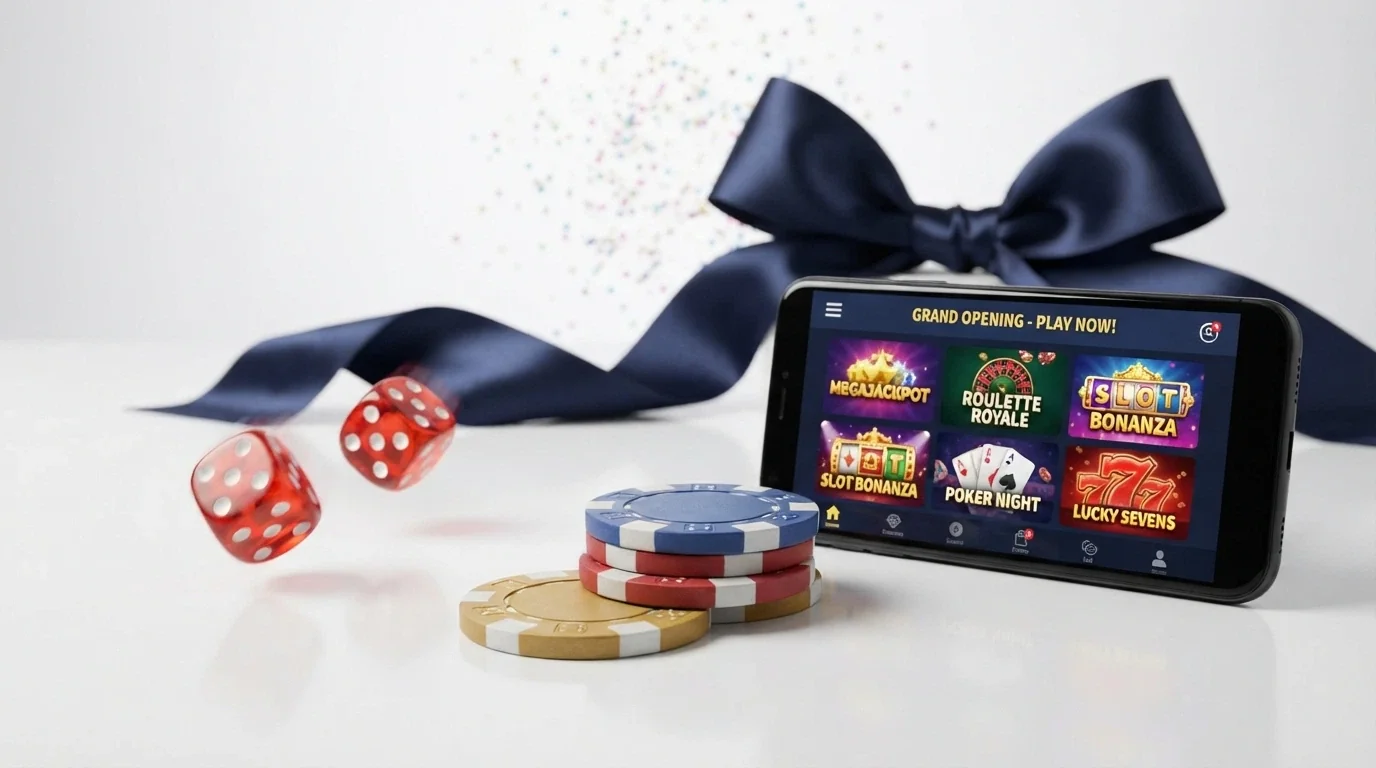 A stylised grand-opening banner with fresh casino chips, a pair of dice and a smartphone displaying a sleek new casino lobby