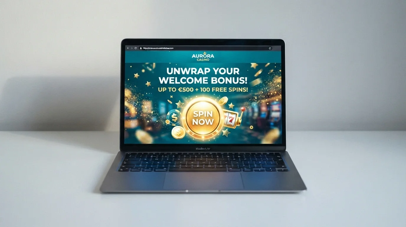 A fresh casino homepage with a prominent free spins banner and a sign-up button, the URL bar visible
