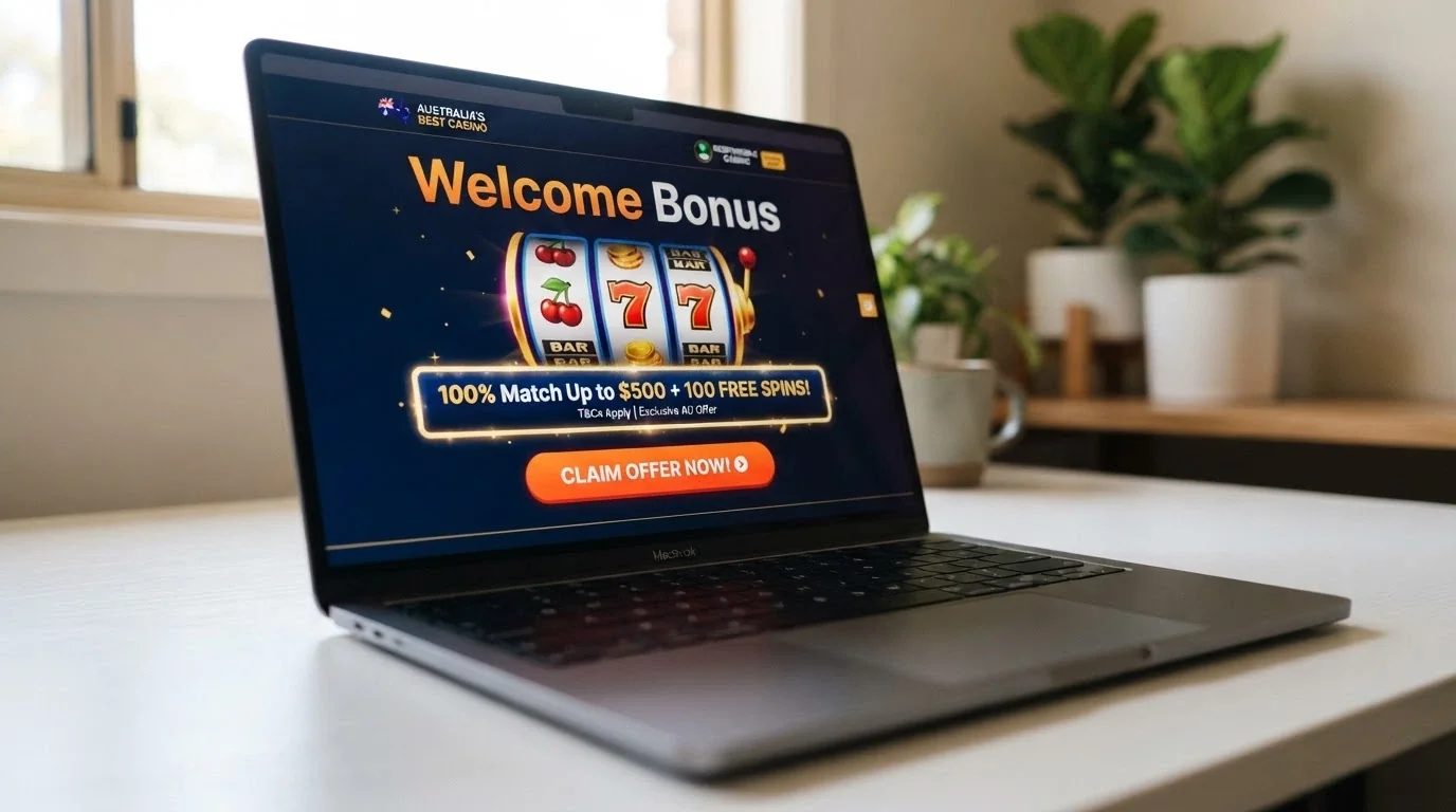 A promotional banner on a casino website advertising a welcome offer with free spins for new players