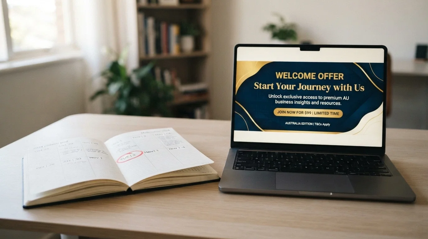 A calendar page with a highlighted date beside a welcome-offer banner on a laptop screen