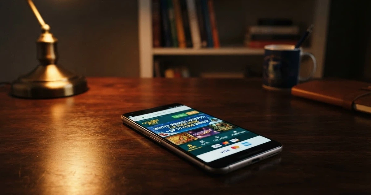 A smartphone displaying an online casino lobby screen with a no-deposit bonus banner and a small padlock icon beside the browser address bar