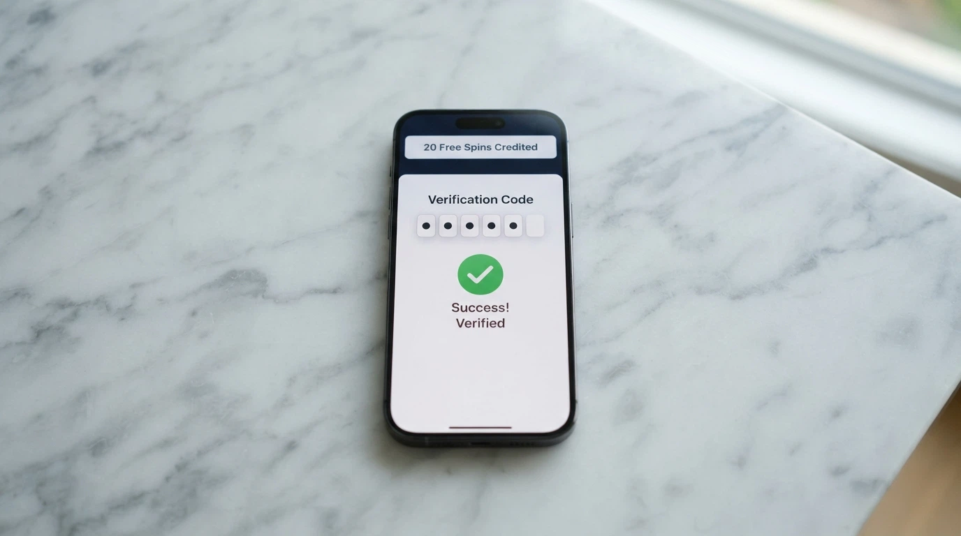 A mobile phone displaying a verification screen next to a casino bonus activation message showing free spins credited