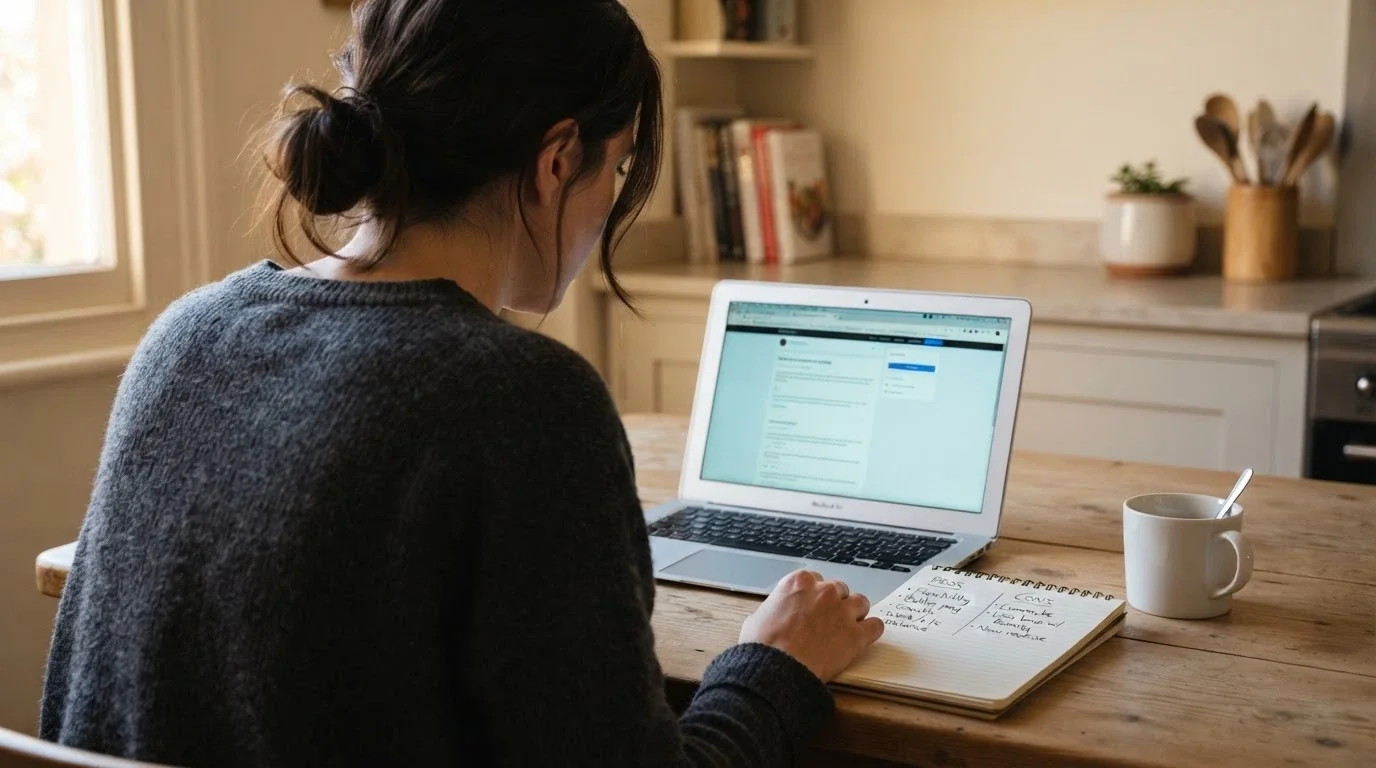 A person sitting at a kitchen table looking at a laptop, one hand on a notepad with pros and cons listed, a cup of coffee beside them