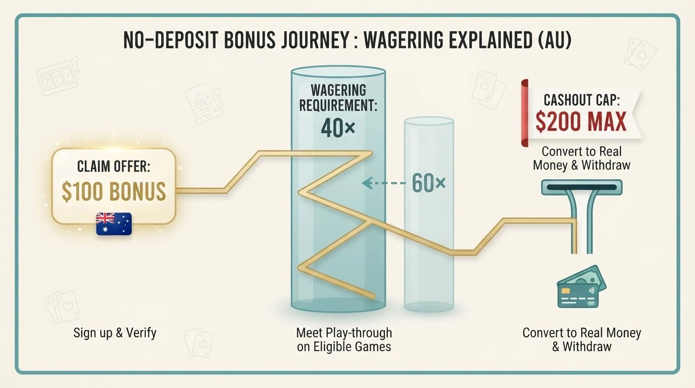 Diagram tracing the path of a no-deposit bonus from claim through wagering requirement to withdrawal, with the cashout cap marked