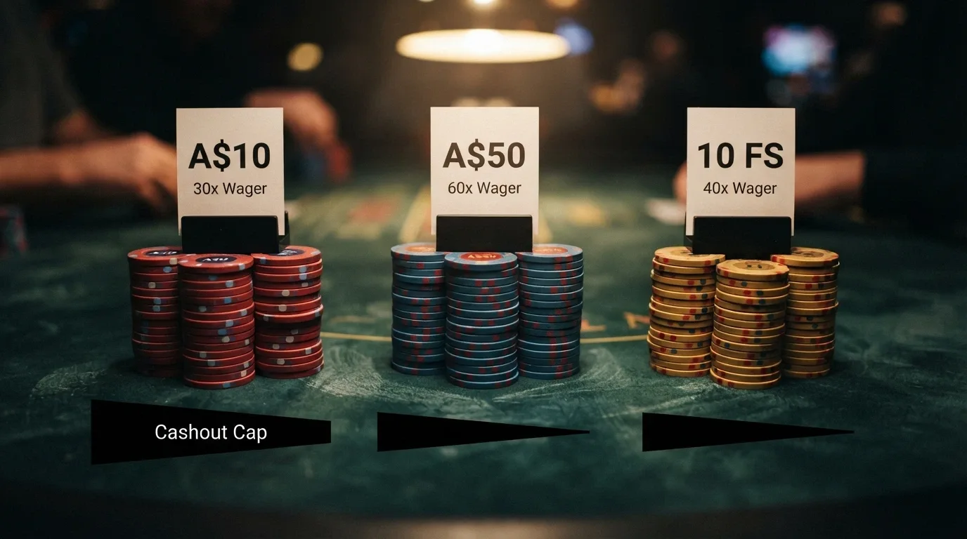 Three no-deposit offers lined up with their wagering multiples and cashout caps displayed beneath each one