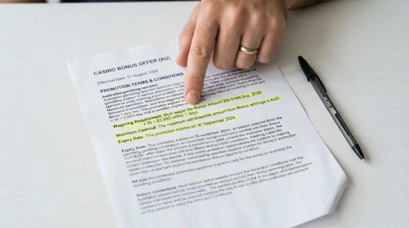 A close-up of bonus terms and conditions text with three figures highlighted — a wagering multiple, a max cashout amount and an expiry date