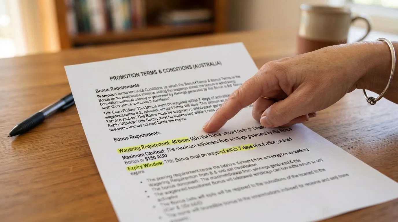 A close-up of bonus terms and conditions on a casino promotions page, with wagering, cashout cap and expiry fields highlighted