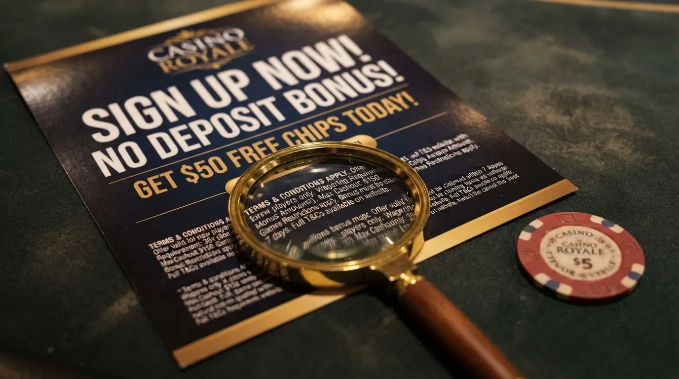 A casino promotional banner advertising a no-deposit bonus, with fine-print terms highlighted