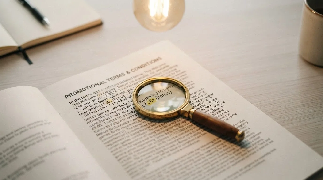 A close-up of bonus terms and conditions text with a magnifying glass resting on the wagering requirement figure