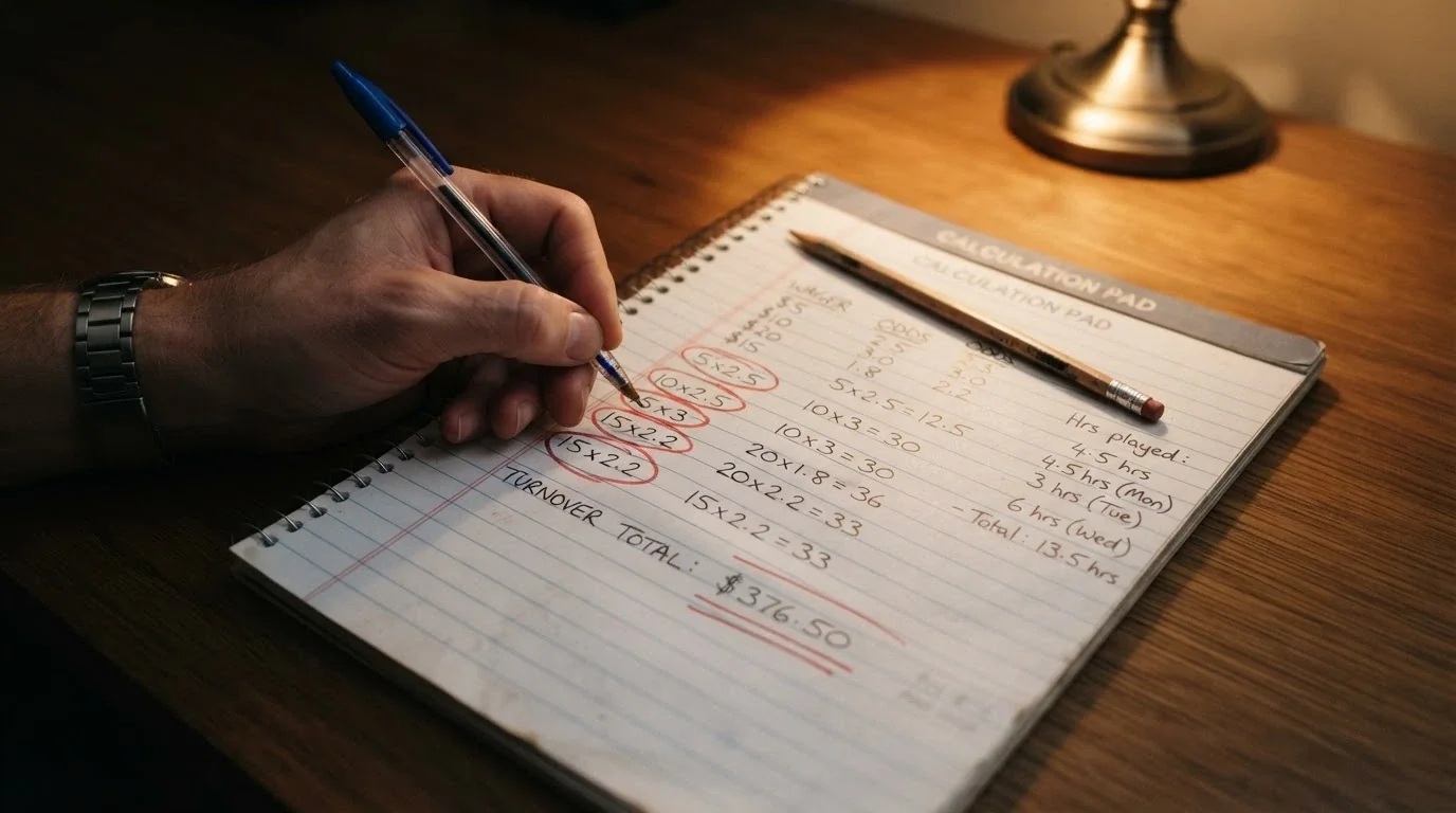 A calculator sitting on a desk next to a notepad with handwritten figures — wagering multiples, turnover amounts, and hours-of-play estimates circled in red