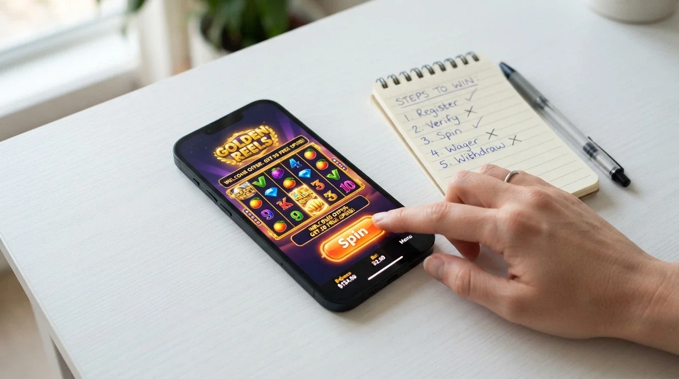 Step-by-step illustration showing a player claiming free spins, playing eligible pokies and progressing toward the wagering clearance gate