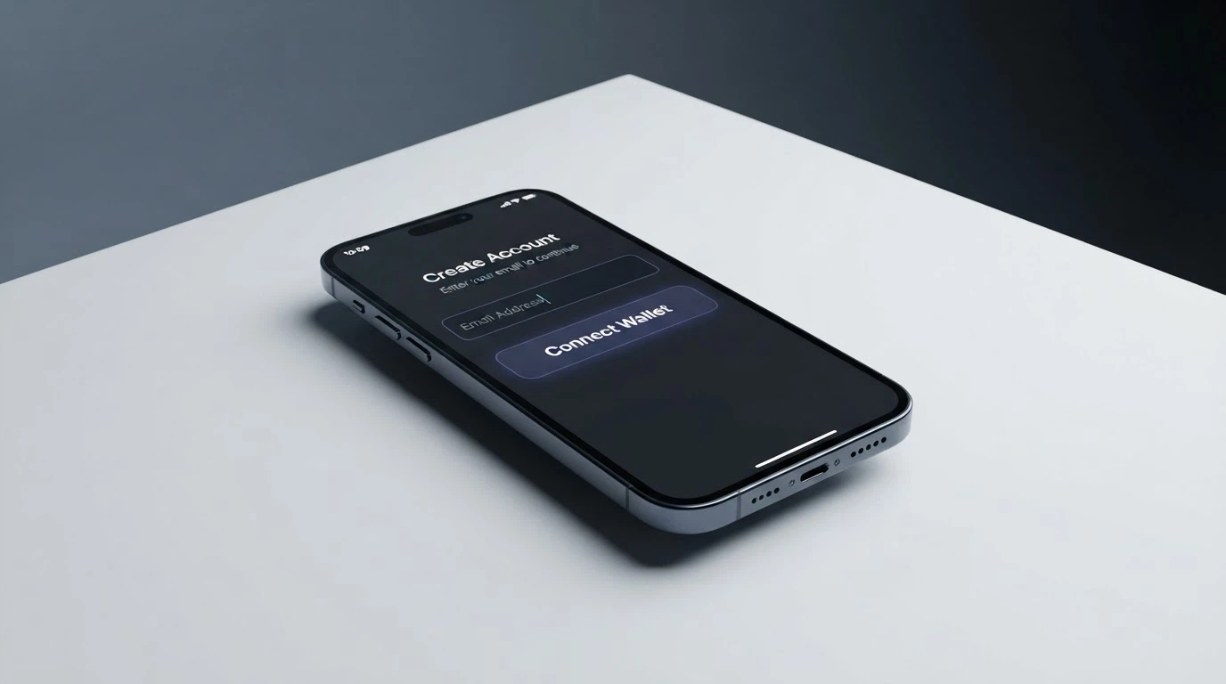 A crypto casino registration form with only an email field and a wallet-connect button, no ID upload section visible