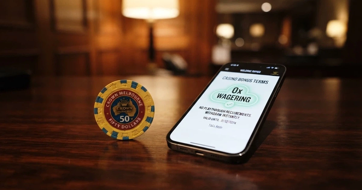 A clean Australian-dollar banknote beside a smartphone screen showing a casino bonus terms pop-up with “0x Wagering” highlighted