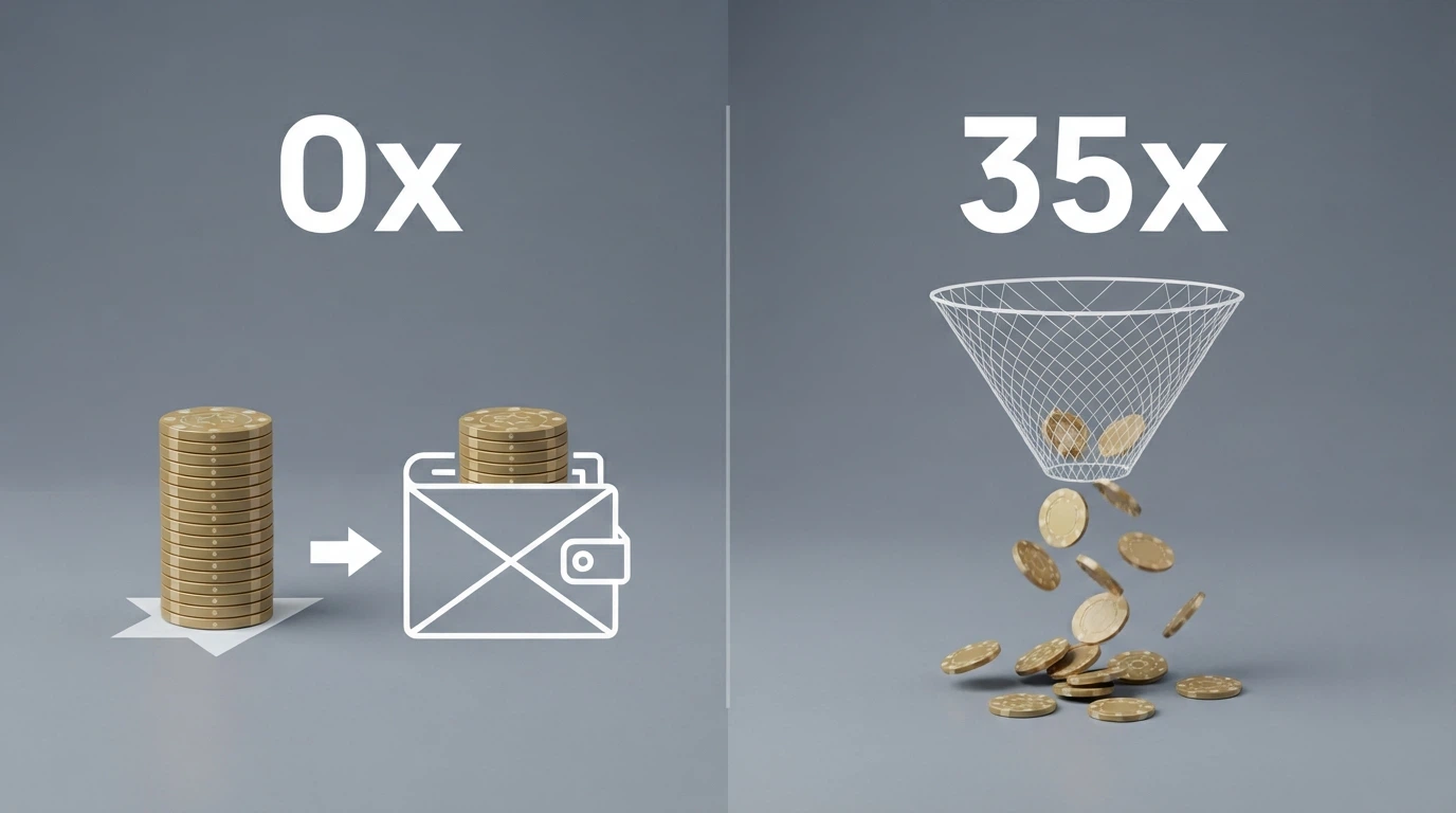 A side-by-side comparison graphic: the left side shows a bonus labelled “0x Wager” with arrows pointing to a full wallet; the right shows “35x Wager” with arrows leaking coins through a sieve