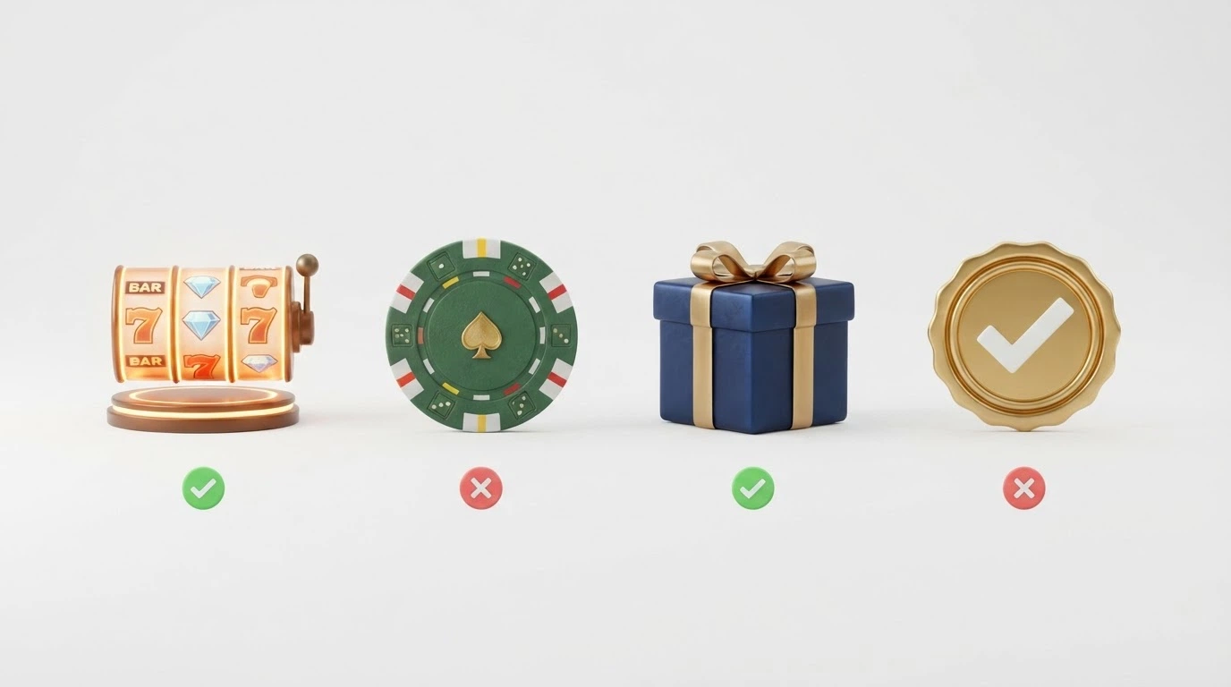 A side-by-side visual of four bonus types — free spins, a cash chip, a welcome offer and a no-deposit badge — each with a tick or cross for wagering