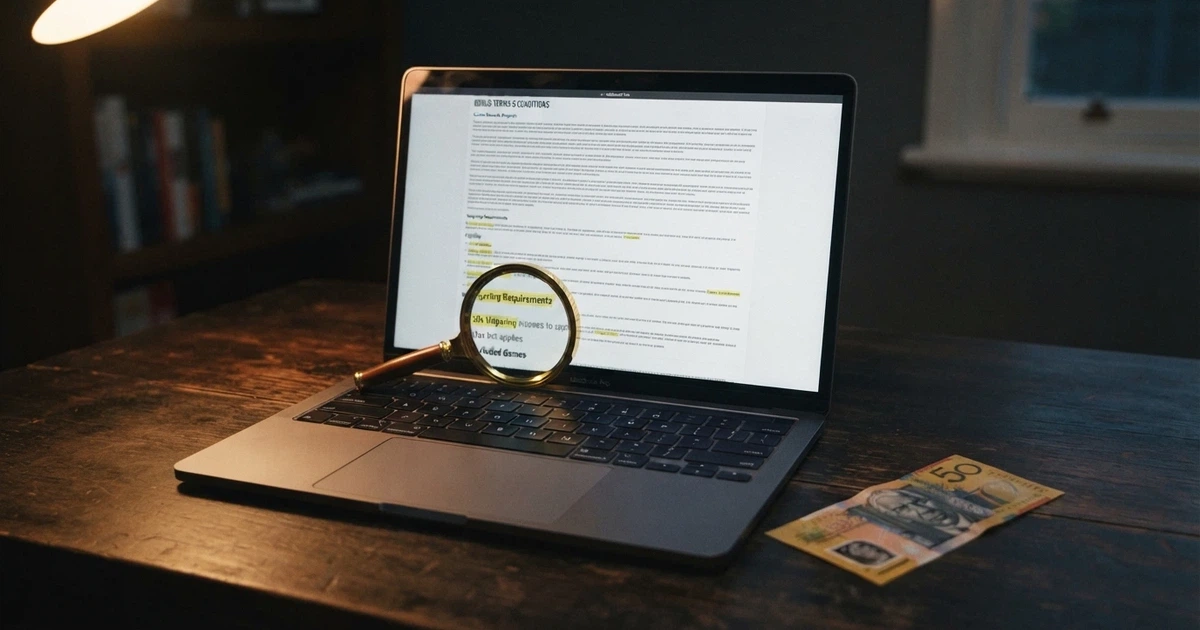 A laptop screen showing an online casino bonus terms page with a magnifying glass hovering over the wagering requirements section, an Australian dollar note resting beside the keyboard