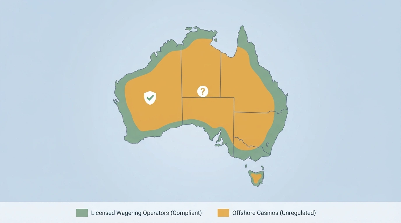 A map of Australia with two distinct zones marked — one for ACMA-licensed wagering operators (on racetrack/sport) and one for offshore casinos operating outside Australian law