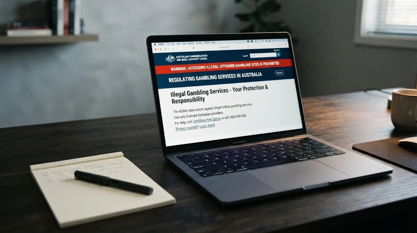 The ACMA website homepage with its illegal-gambling-services warning visible