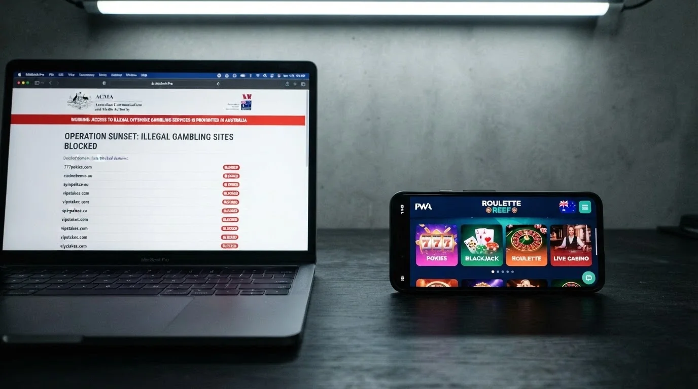 A split composition: an ACMA website page about illegal gambling services on one side, and a casino PWA home screen with an Australian-flag language selector on the other