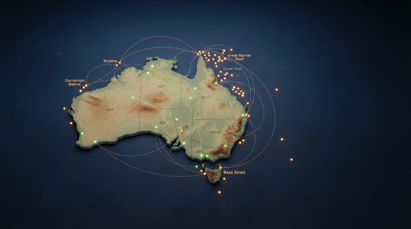 A stylised map of Australia with dots representing offshore casino operators positioned outside the continent's borders, connected by dashed lines to Australian player icons