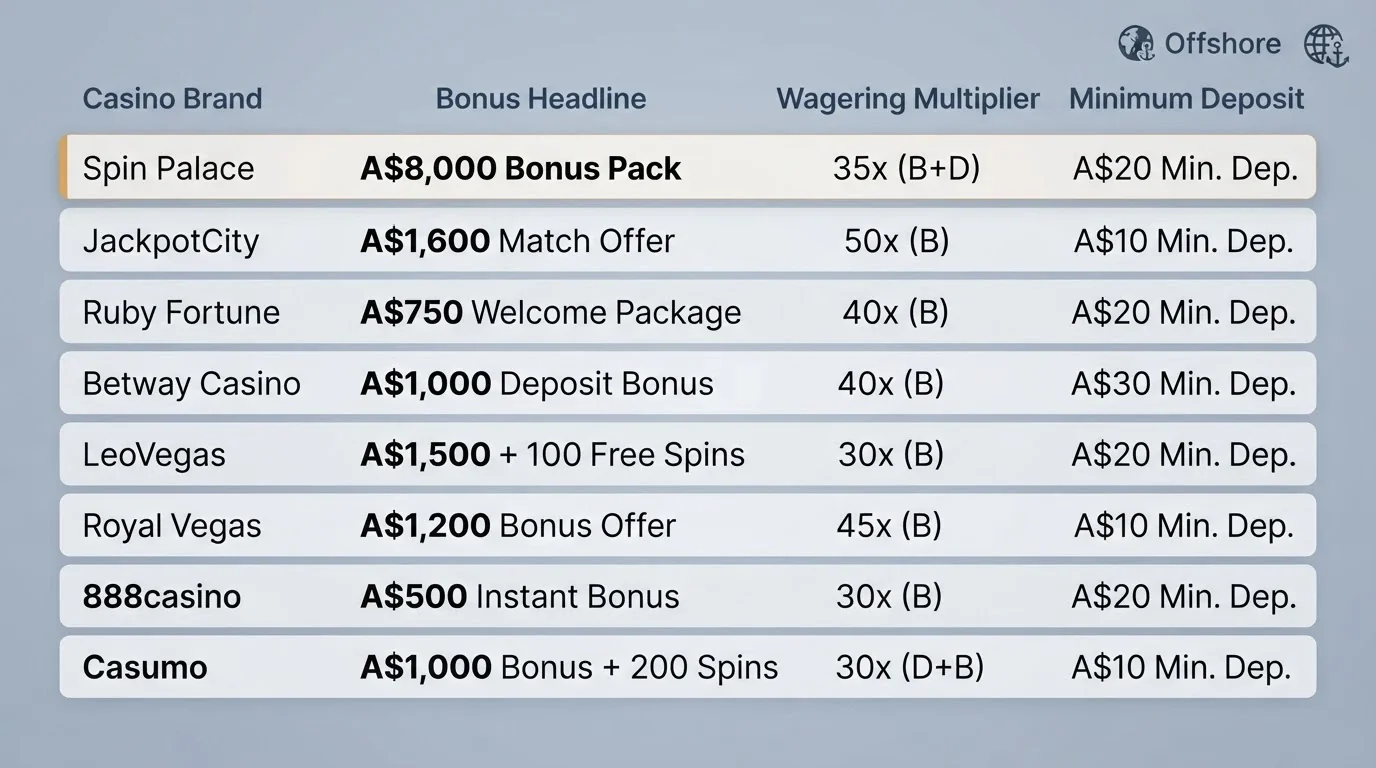 Ranked comparison table of ten online casinos with welcome bonus amounts, wagering requirements, minimum deposits and licence jurisdictions displayed in a structured grid