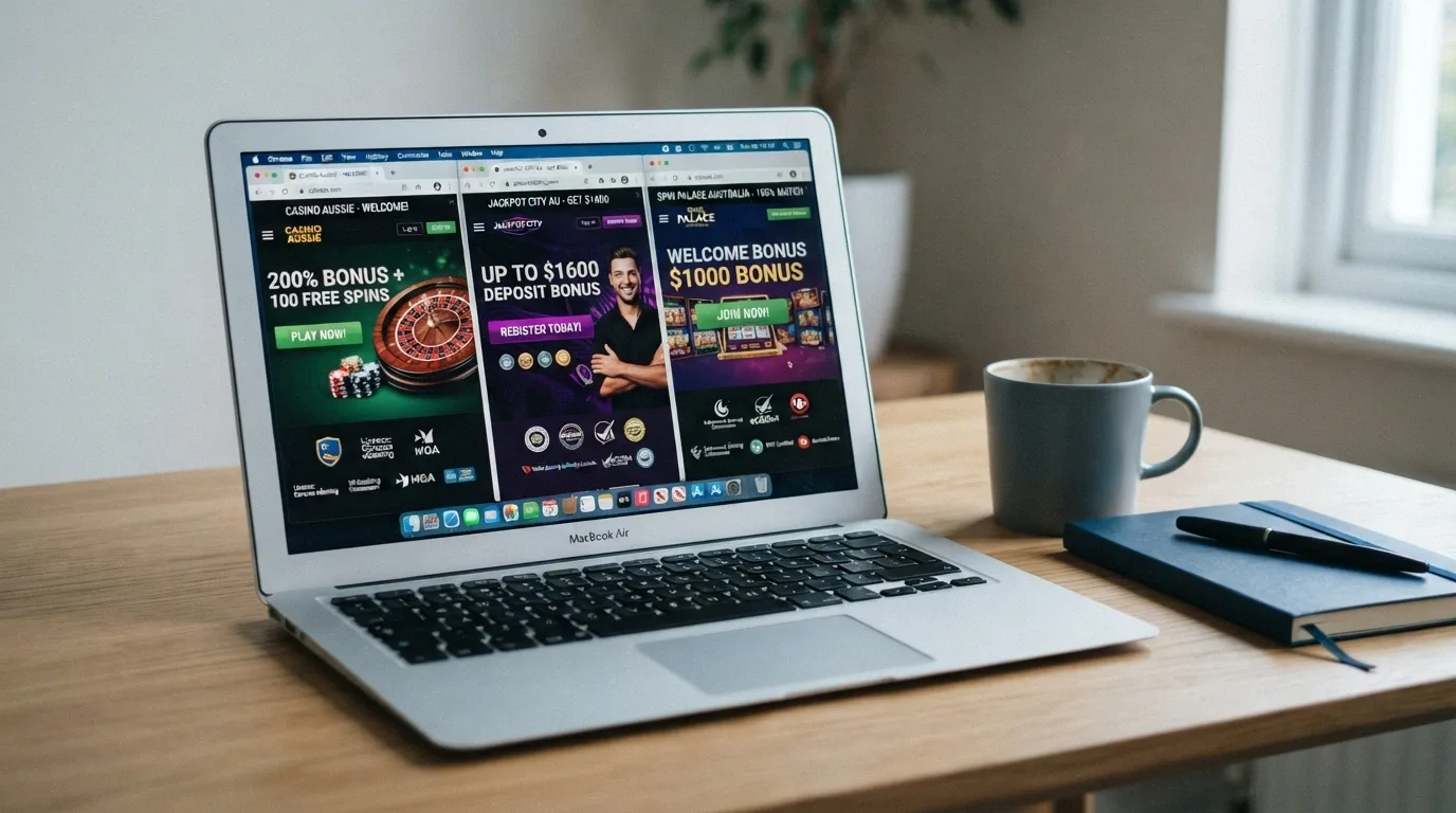 A side-by-side view of different casino landing pages with licence badges and provider logos visible on each