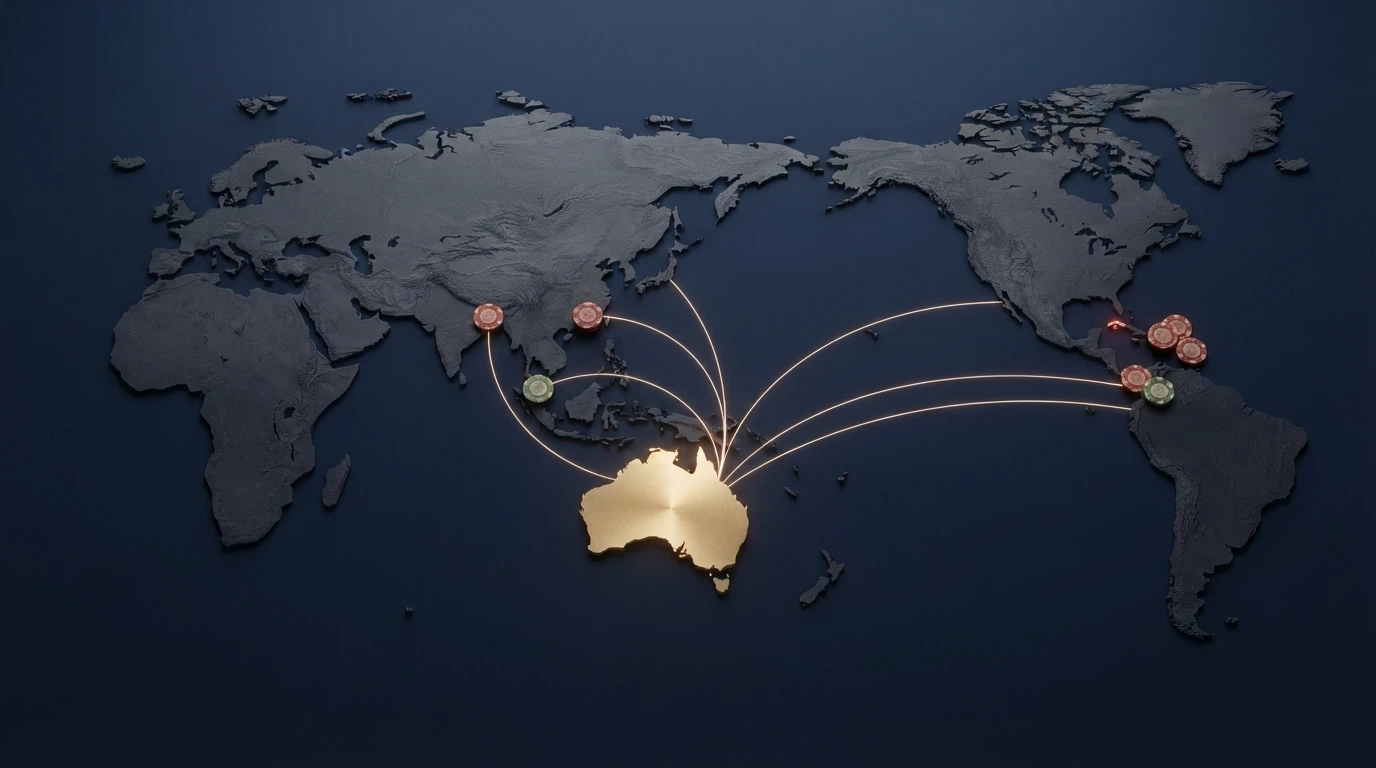 A world map with Australia highlighted and lines connecting to Curaçao and other offshore licensing jurisdictions, with casino chips at each endpoint