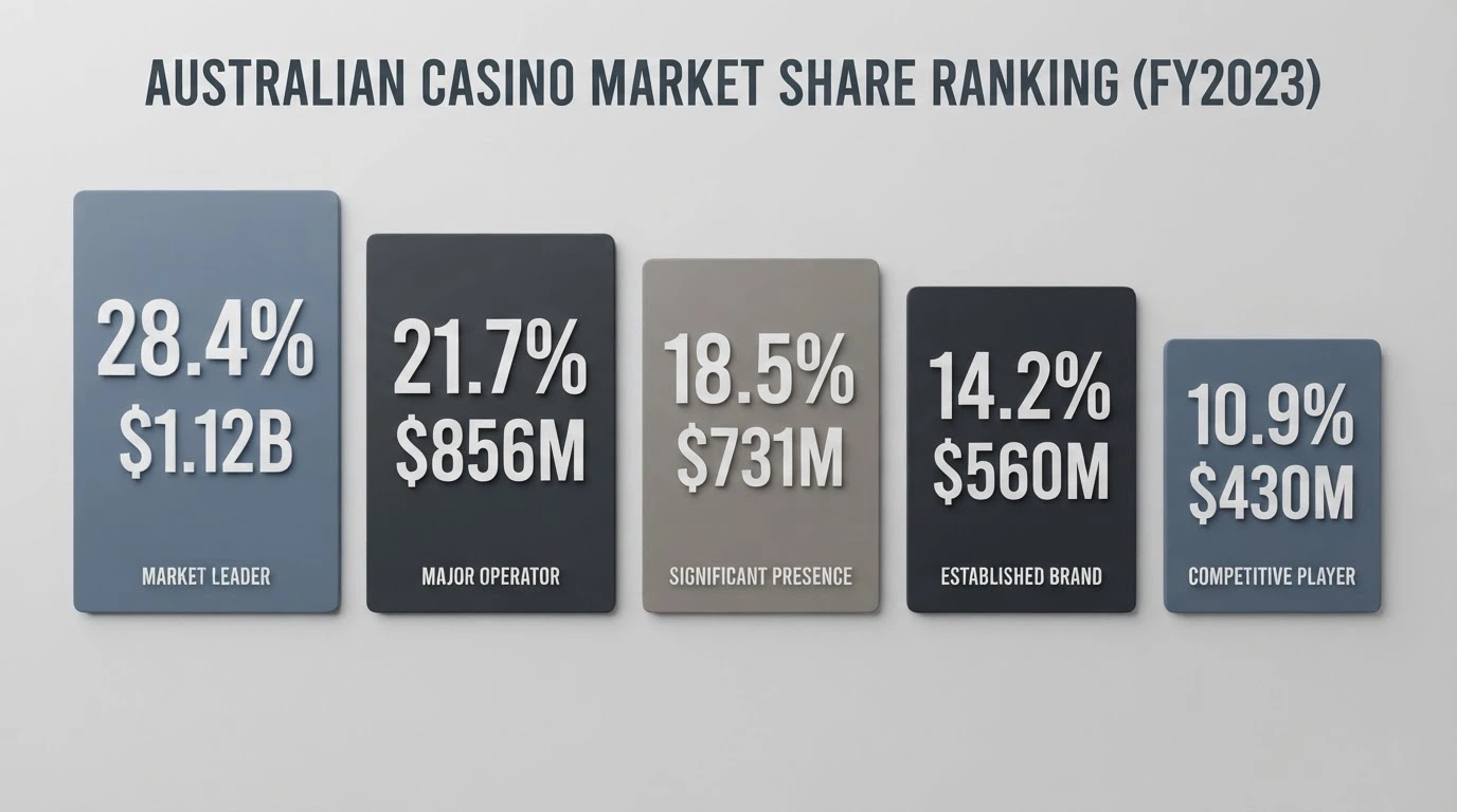 A side-by-side comparison display of casino brand cards showing market-share percentages and revenue figures in a ranked layout