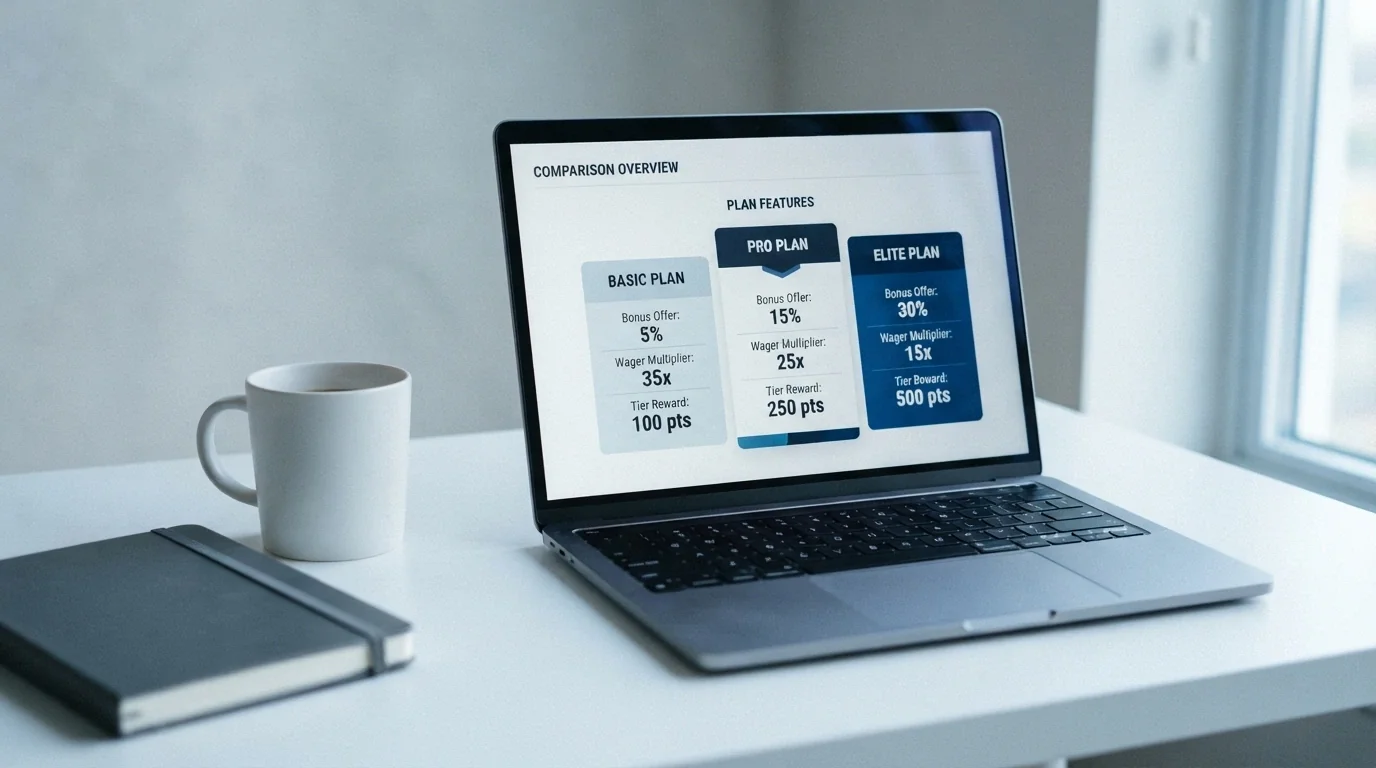 A side-by-side comparison table or list of casino names with bonus values and wagering figures, on a laptop screen