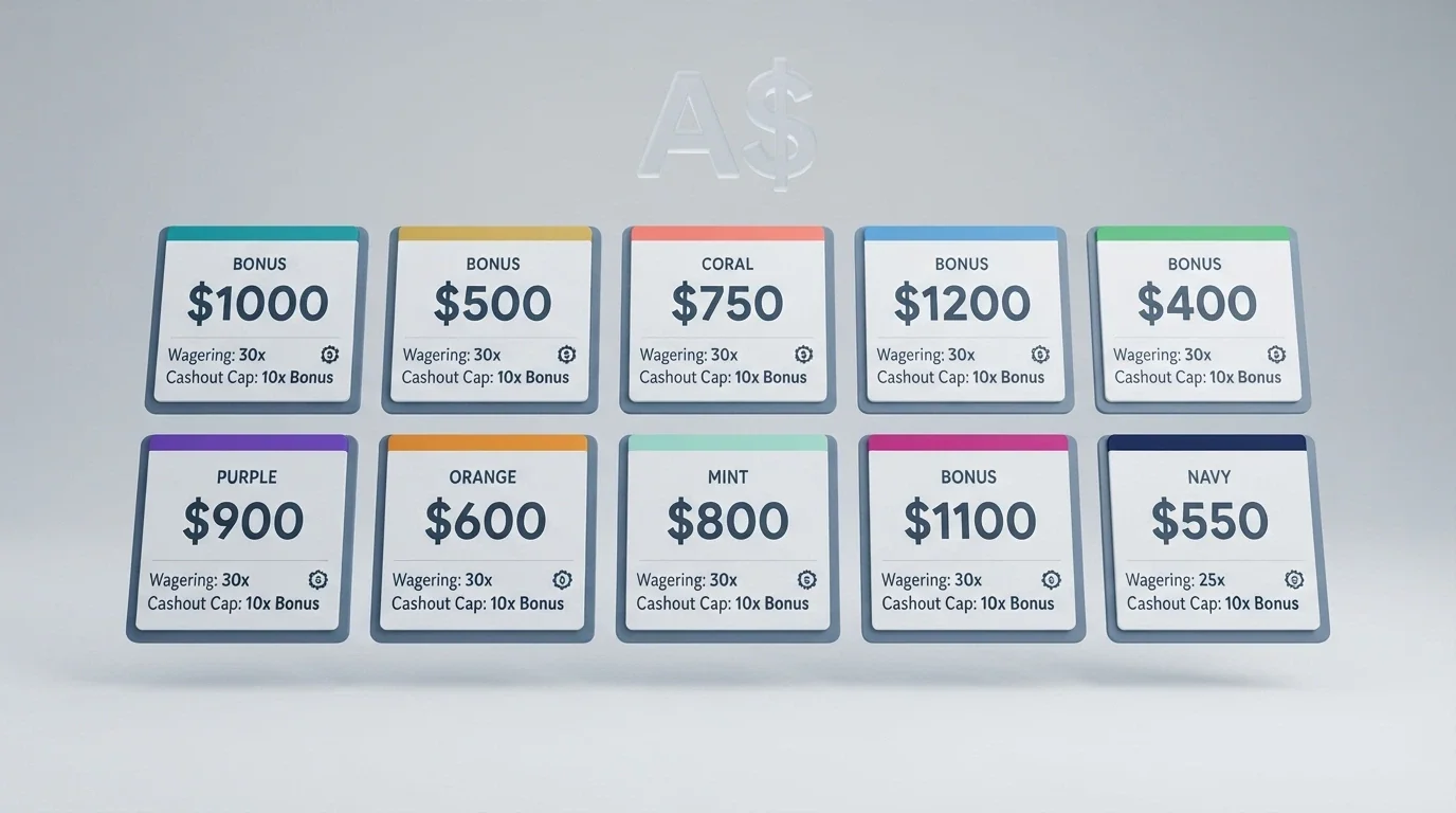 A comparison grid of casino brand cards with bonus amounts, wagering figures and cashout caps displayed in Australian dollars