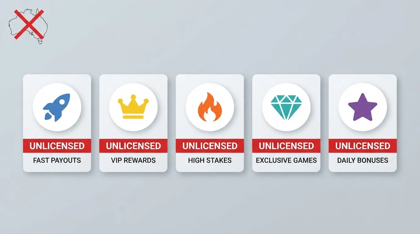 A side-by-side comparison visual of casino brand cards with AU licence status clearly marked against each