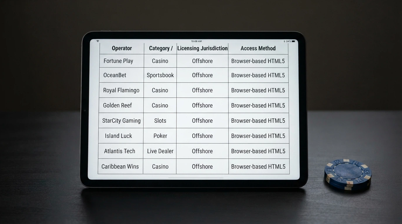 A side-by-side grid on a tablet screen comparing offshore casino names, their licensing jurisdictions and iPad access methods