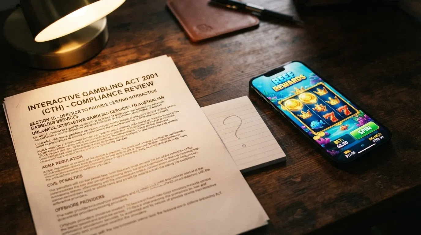 A document marked “Interactive Gambling Act 2001” beside a smartphone displaying a casino app, with a question mark between them