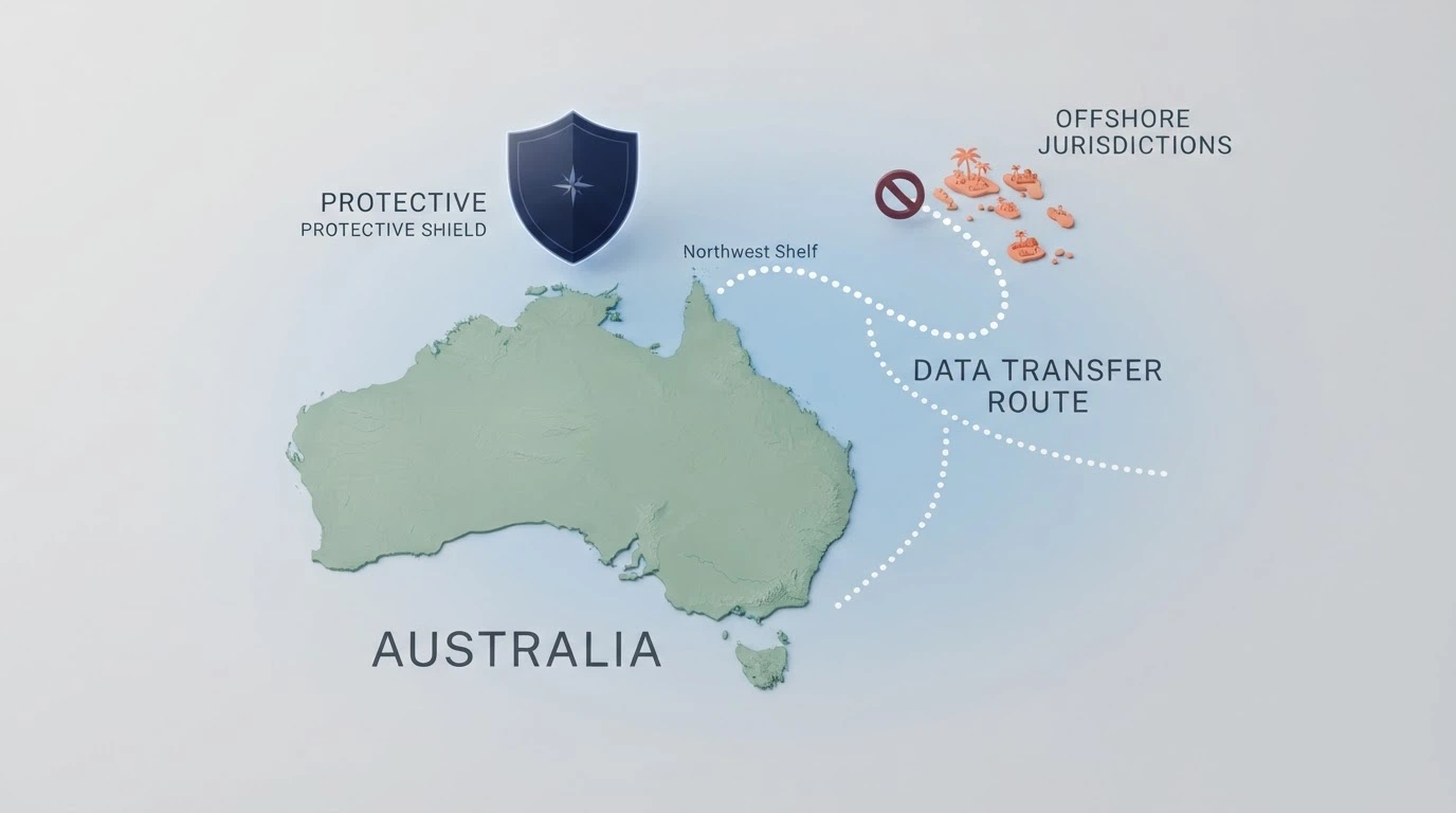 A map of Australia with a dotted jurisdictional line separating onshore licensed wagering operators from a cluster of offshore islands marked Curaçao and Anjouan, with an ACMA blocking symbol hovering over the offshore path.