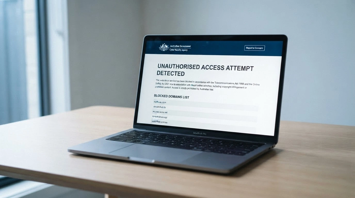 ACMA website blocking-notice page displayed on a laptop screen, with text about illegal offshore gambling services and a list of blocked domain names