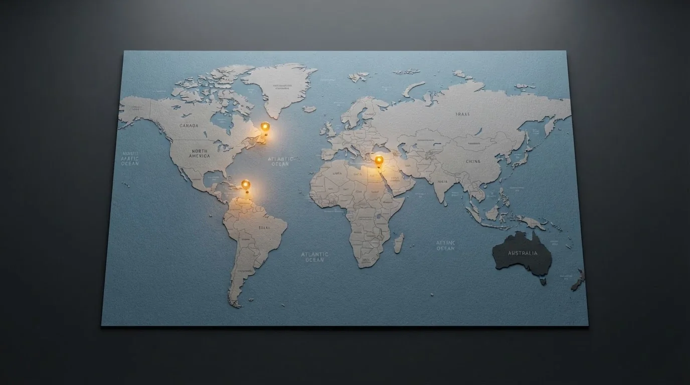 A world map with markers on Curacao, Malta and Kahnawake — the licence jurisdictions that serve Australian players